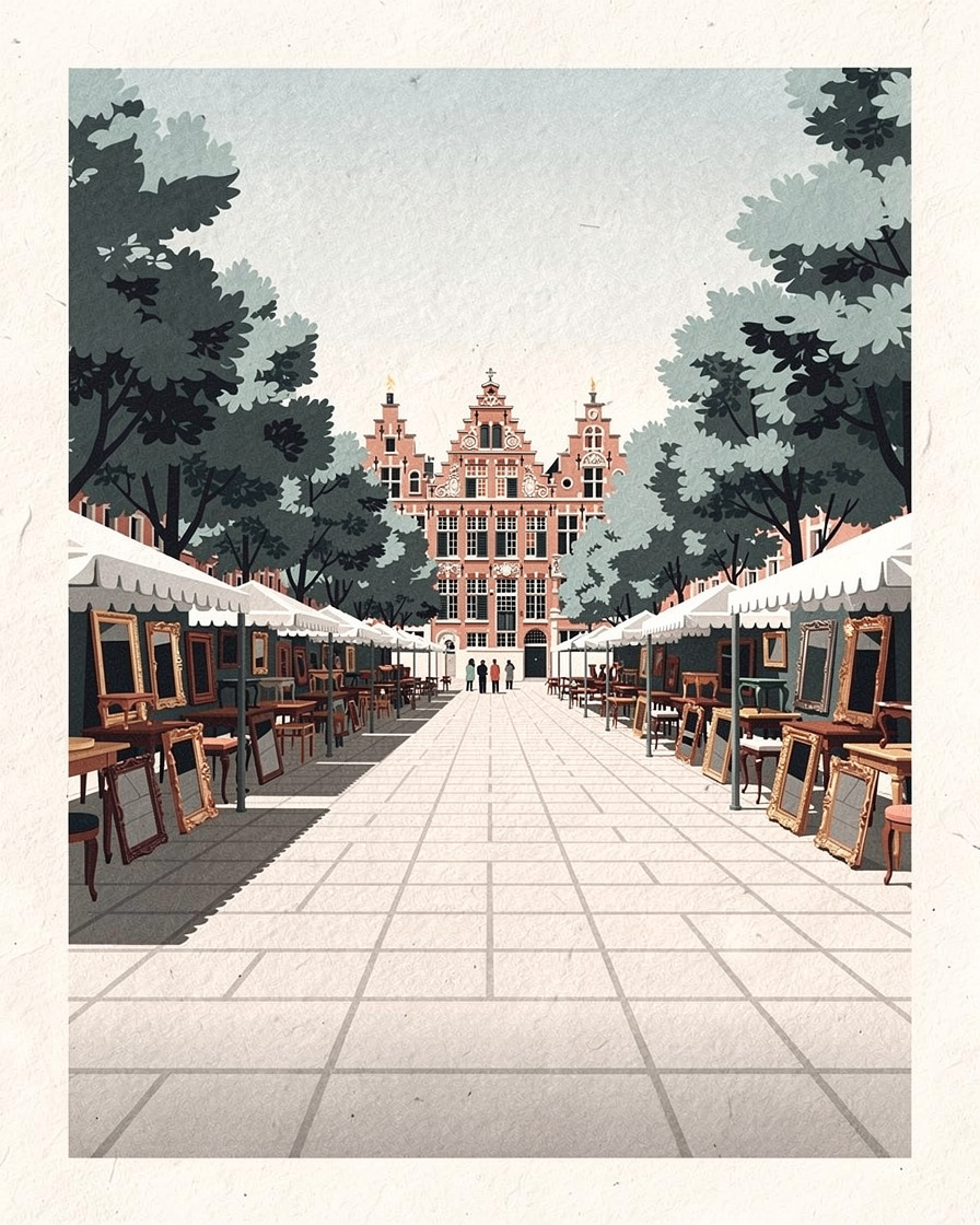 Allée de brocanteurs professionnels le long d'une esplanade arborée de Lille, meubles anciens et cadres dorés alignés sous des bâches blanches