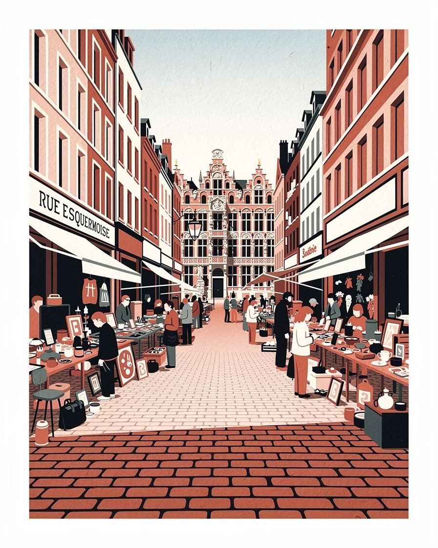 Rue Esquermoise à Lille saturée de piétons un samedi de braderie, stands de brocante des deux côtés, enseignes de boutiques au-dessus des têtes