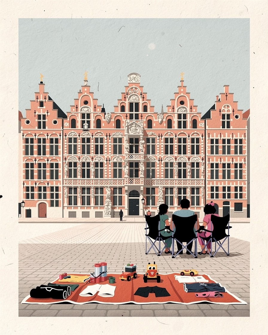 Stand d'habitants sur un trottoir de Lille pendant la braderie, couverture étalée au sol avec jouets et vêtements, famille assise sur des chaises de camping devant une porte de brique