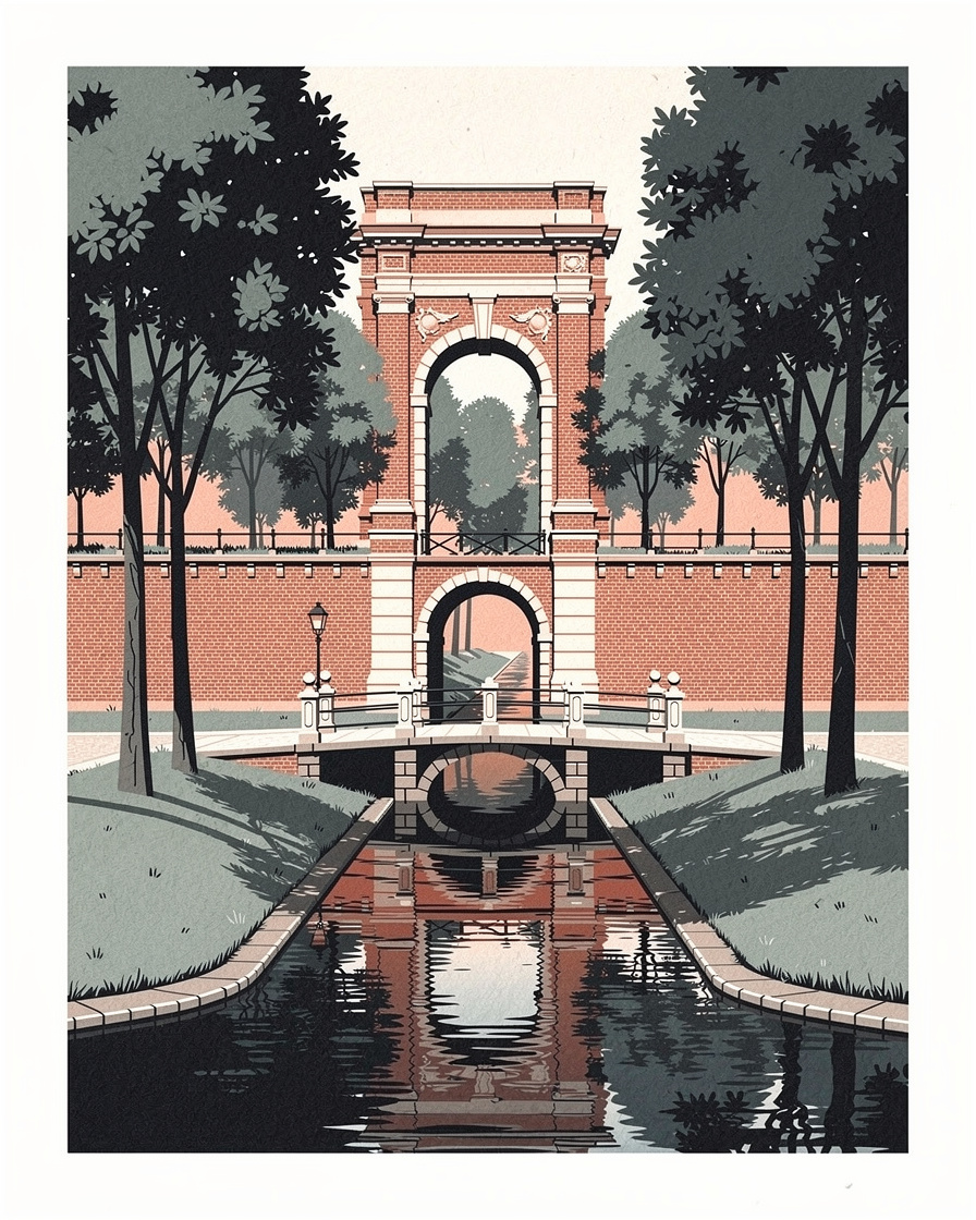 Porte de brique et de pierre percée dans le rempart de la Citadelle de Lille, pont bas sur les douves
