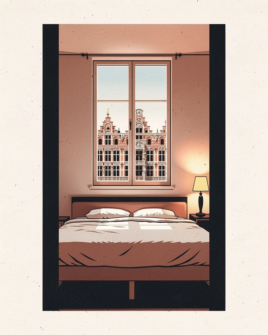 Chambre d'hôtel sobre vue depuis la porte, lit fait et fenêtre sur les toits