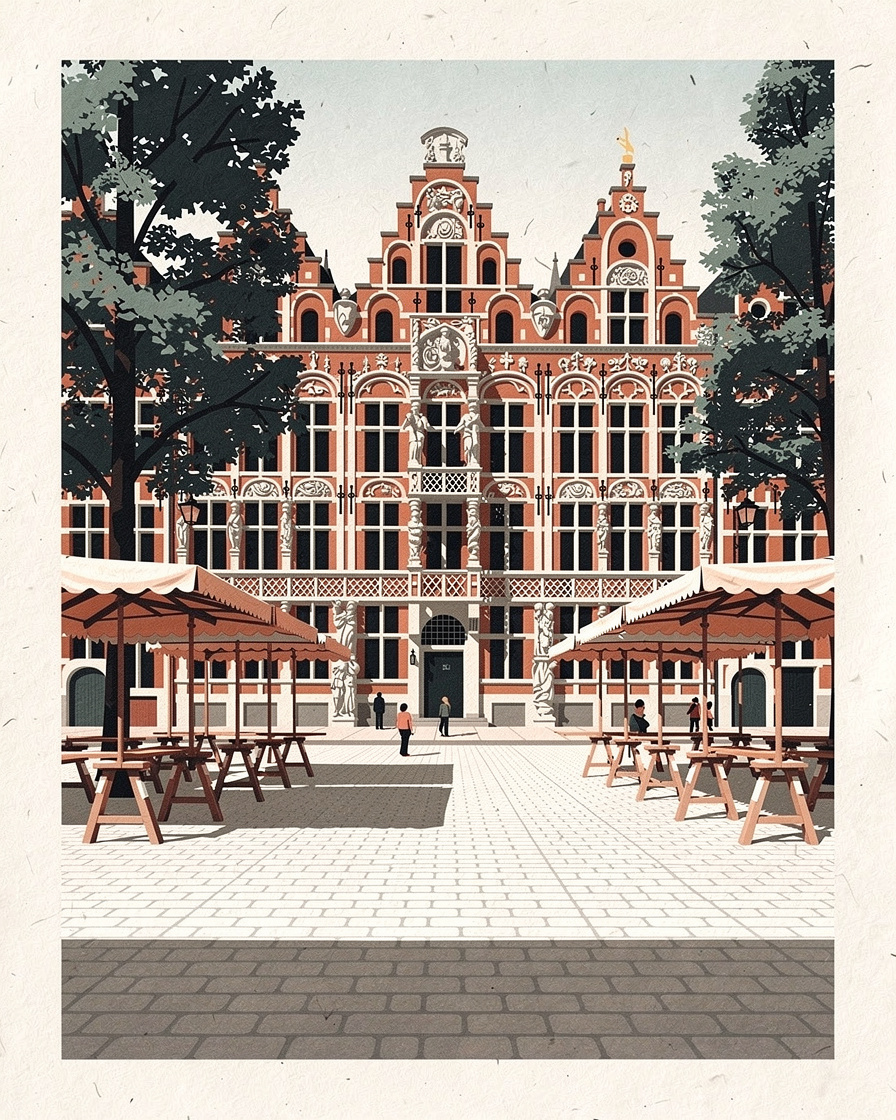 Place de marché aux auvents montés et aux tréteaux encore vides