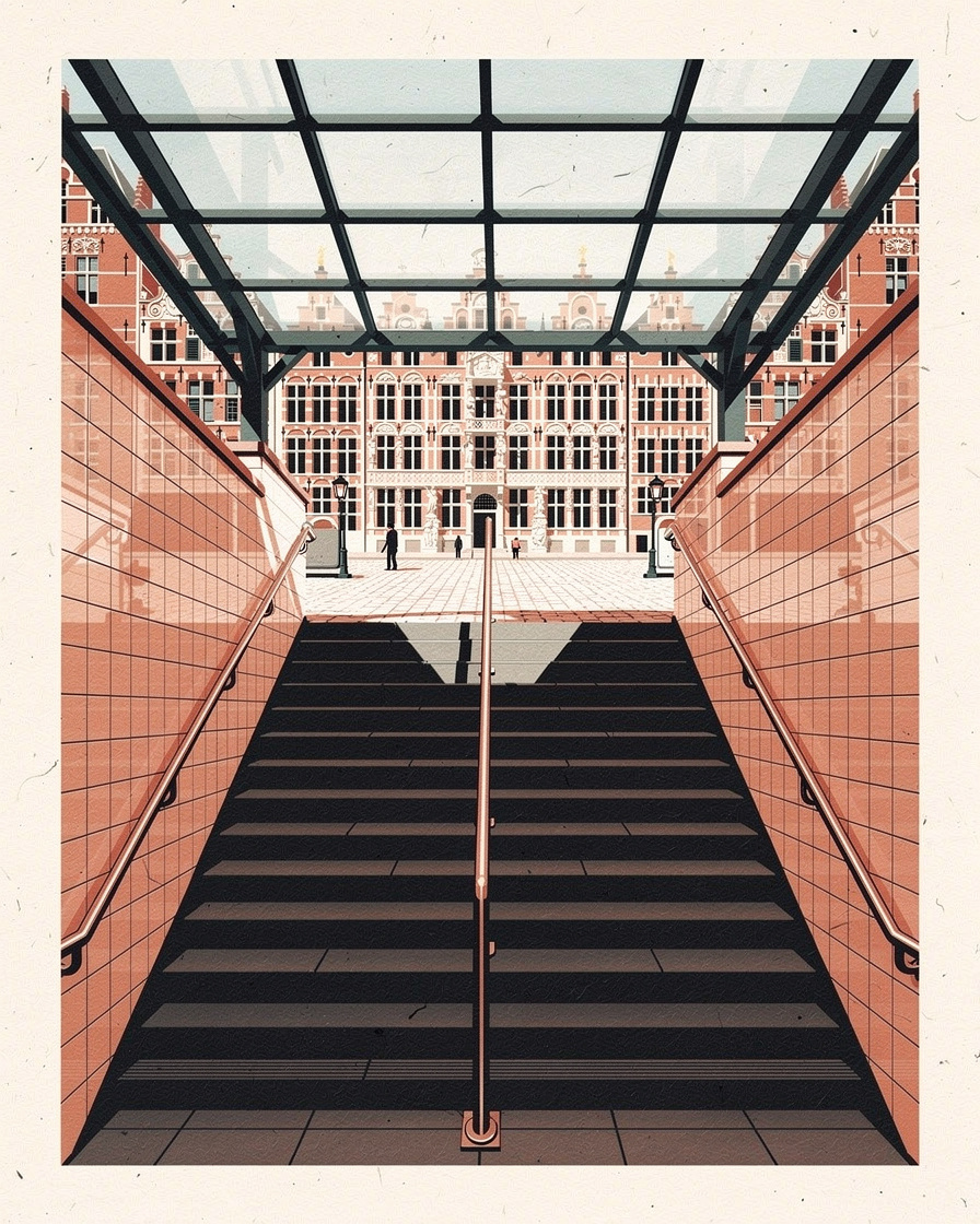 Entrée de station de métro sur la rue, auvent vitré au-dessus des marches