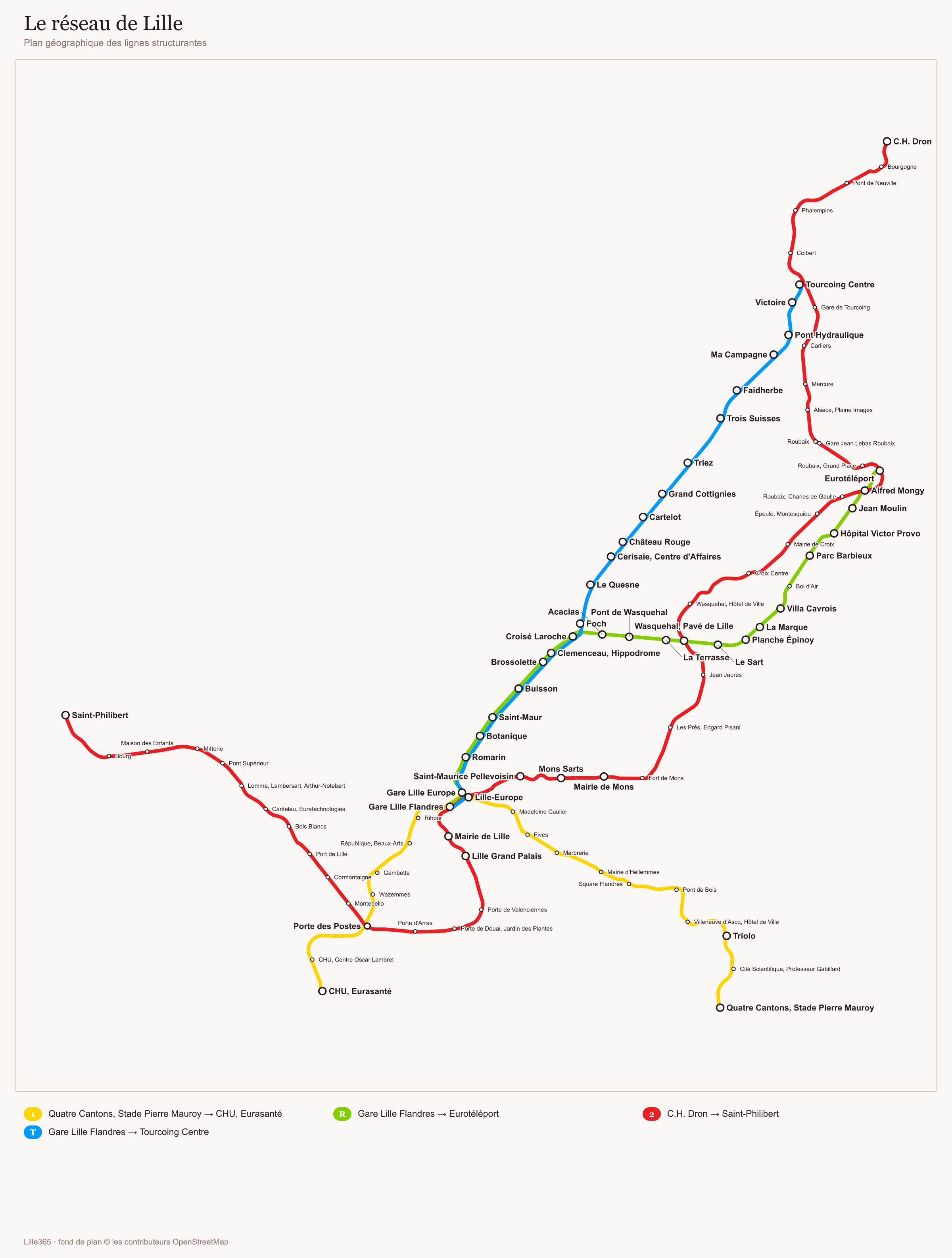 Plan du réseau de transport de Lille : les lignes structurantes avec leurs terminus et leurs correspondances